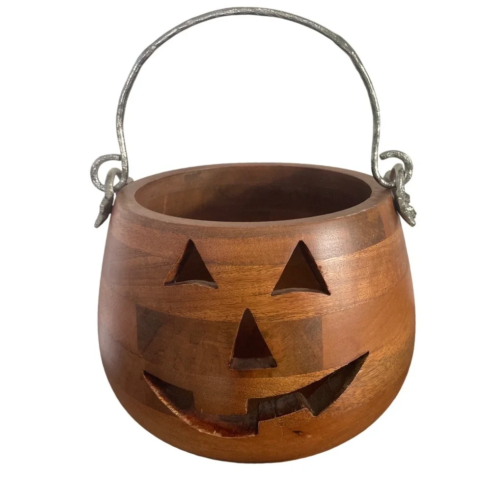 Martha Stewart Wooden Jack O Lantern Candy Bowl Halloween Pumpkin Bucket